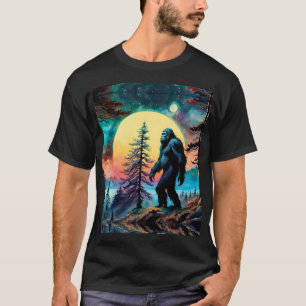 Farbenfrohe Sasquatsch Vollmond Pine Tree T-Shirt