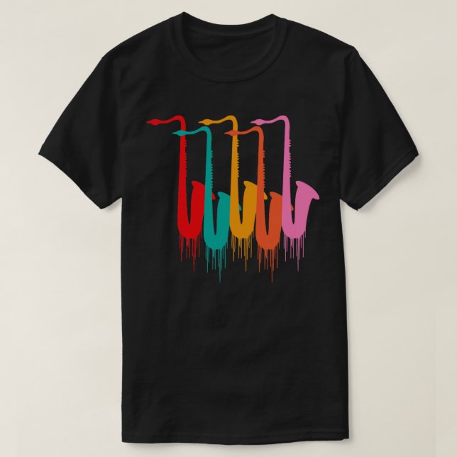 Farbenfrohe Saxophone Musikinstrument Jazz T-Shirt (Design vorne)