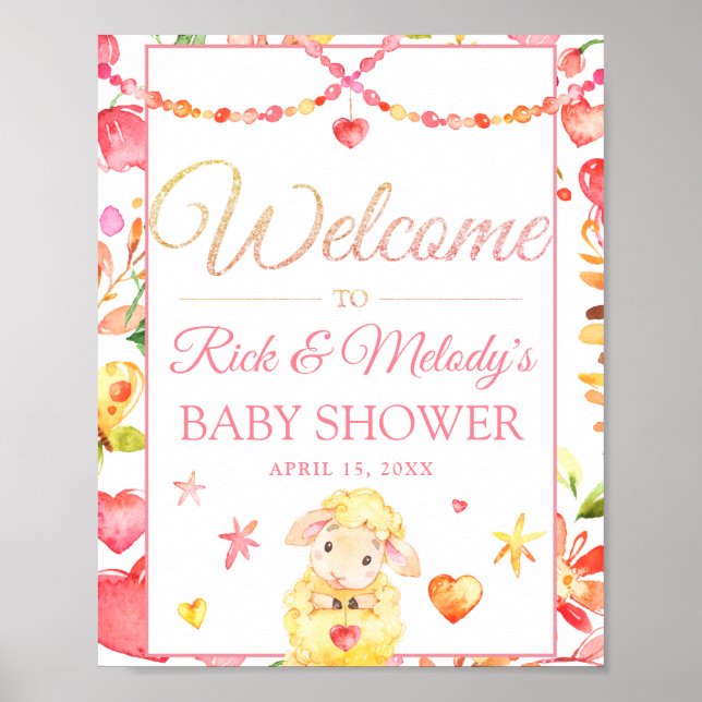 Farbenfrohe Schafe / Lamm Girl's Baby Dusche Willk Poster (Vorne)