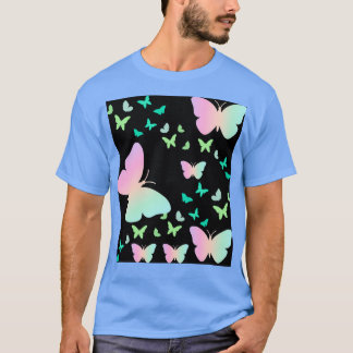 Farbenfrohe Schmetterlinge auf schwarzem Muster T-Shirt