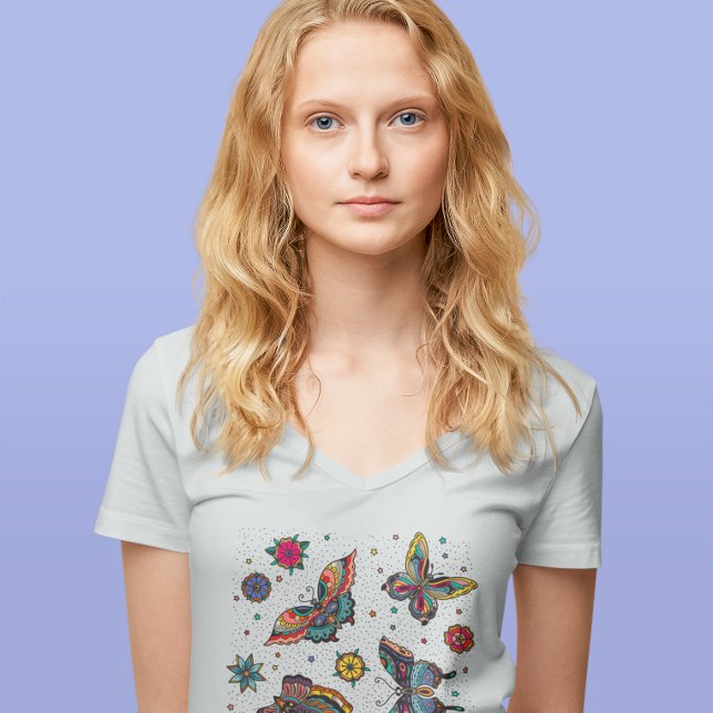 Farbenfrohe Schmetterlinge Blume Sommerzeit V-Neck T-Shirt (Von Creator hochgeladen)