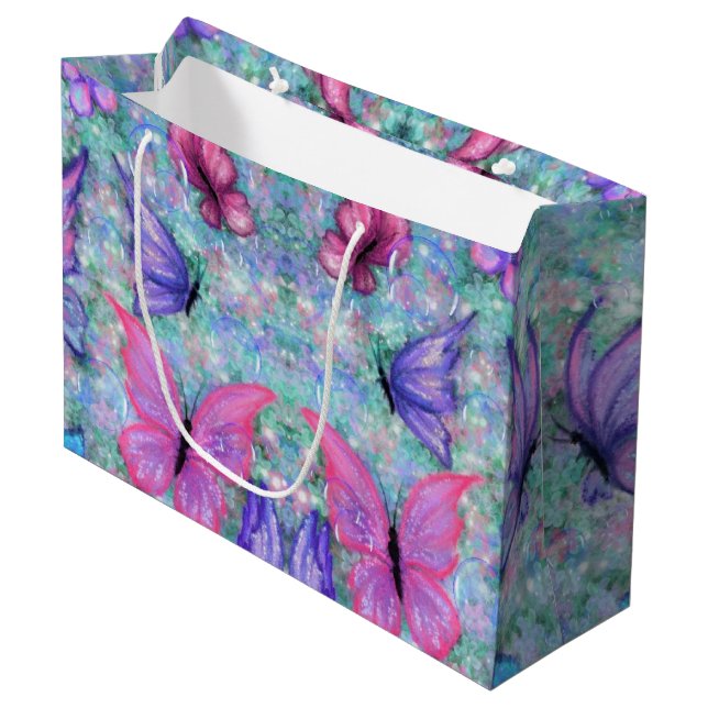 Farbenfrohe Schmetterlinge Geschenktasche - Frühja Große Geschenktüte (Vorderseite Schrägansicht)