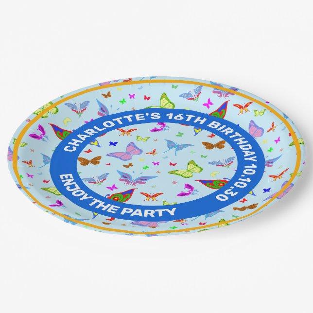 Farbenfrohe Schmetterlinge im Flight Festive Patte Pappteller (Schrägansicht)