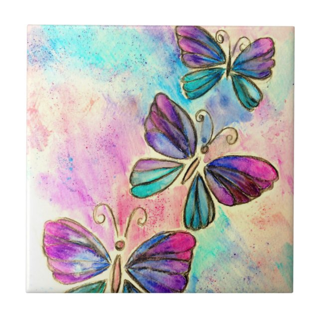 Farbenfrohe Schmetterlinge Keramik Tile - Aquarell Fliese (Vorderseite)