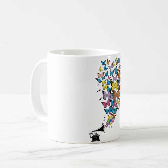 Farbenfrohe Schmetterlinge mit Gramophon Kaffeetasse (Vorderseite Links)