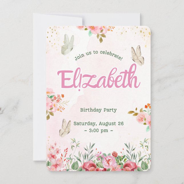 Farbenfrohe Schmetterlinge Prinzessin Girl's Gebur Ankündigung (Vorderseite)