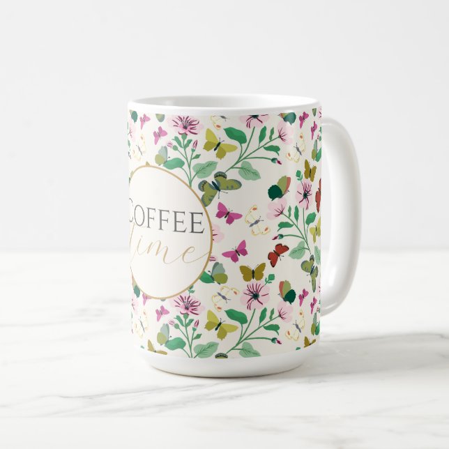 Farbenfrohe Schmetterlinge Rosa Blume Creme Botani Kaffeetasse (VorderseiteRechts)