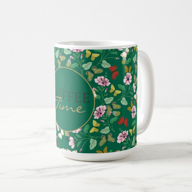 Farbenfrohe Schmetterlinge Rosa Blume Grün Botanis Kaffeetasse (VorderseiteRechts)
