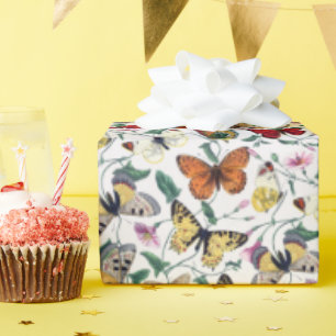 Farbenfrohe Schmetterlinge Rosa Blume und grüne Bl Geschenkpapier