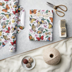 Farbenfrohe Schmetterlinge Rosa Blume und grüne Bl Geschenkpapier