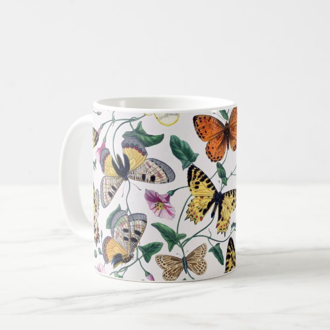 Farbenfrohe Schmetterlinge Rosa Blume und grüne Bl Kaffeetasse (Vorderseite Links)