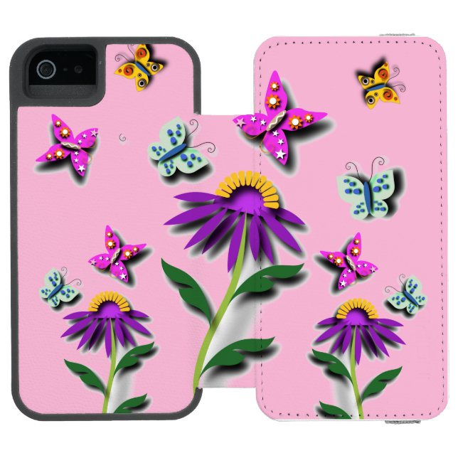 Farbenfrohe Schmetterlinge und Blume Incipio iPhone Geldbeutel-Hülle (Folio Geöffnet)