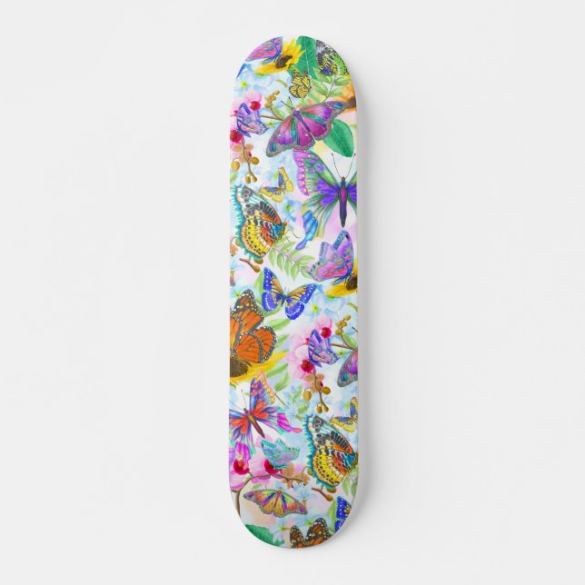 Farbenfrohe Schmetterlinge und Blume Skateboard (Vorne)