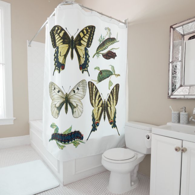 Farbenfrohe Schmetterlinge und Raupen Duschvorhang (Beispiel)