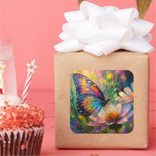 Farbenfrohe Schmetterlinge und Wildblumen bei Sonn Quadratischer Aufkleber