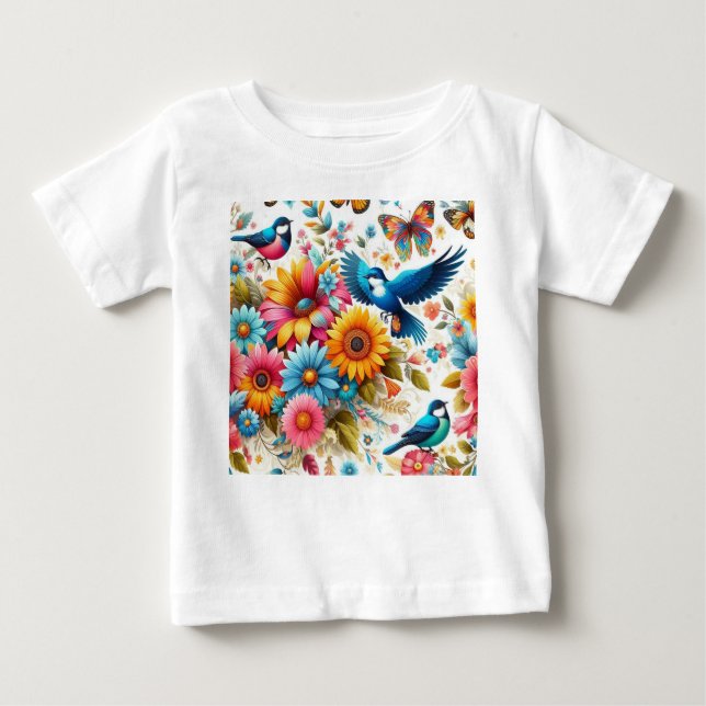 Farbenfrohe Schmetterlinge Vögel Blume Vorlage Wei Baby T-shirt (Vorderseite)