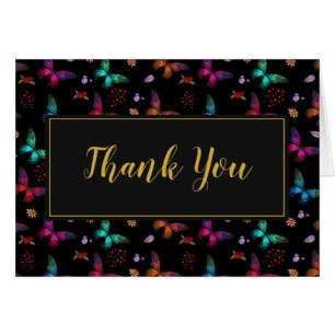 Farbenfrohe Schmetterlingsmuster auf schwarz Danke