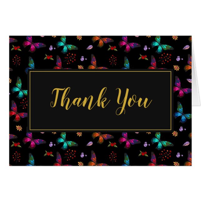 Farbenfrohe Schmetterlingsmuster auf schwarz Danke (Vorderseite (Horizontal))