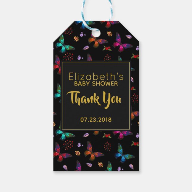 Farbenfrohe Schmetterlingsmuster auf schwarz Danke Geschenkanhänger (Vorderseite)