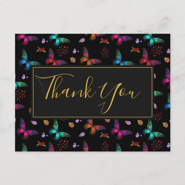 Farbenfrohe Schmetterlingsmuster auf schwarzem Par Postkarte (Vorderseite)