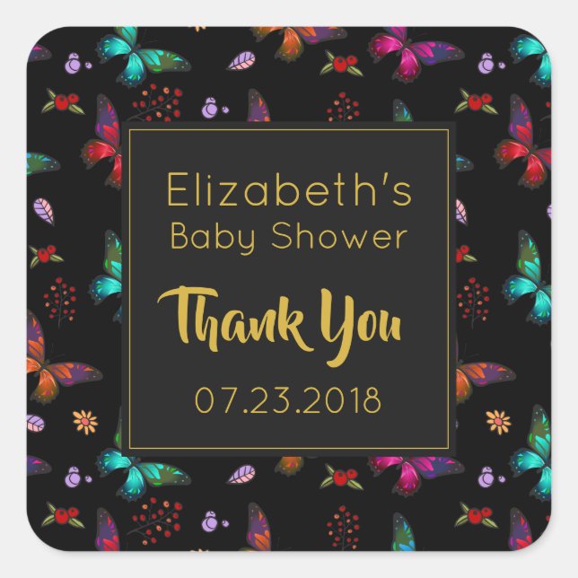 Farbenfrohe Schmetterlingsmuster für Black Event D Quadratischer Aufkleber (Vorderseite)