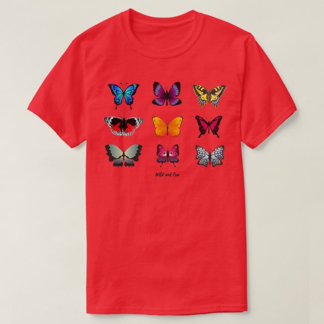 Farbenfrohe Schmetterlingswild und frei T-Shirt (Design vorne)