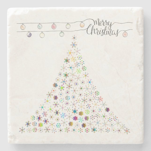 Farbenfrohe Schneeflocke Frohe Weihnachtsbaum Part Steinuntersetzer (Vorderseite)