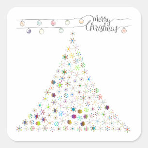 Farbenfrohe Schneeflocke Frohe Weihnachtsbaum Quadratischer Aufkleber