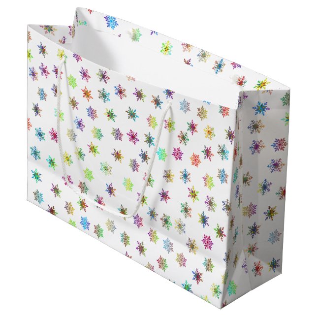 Farbenfrohe Schneeflocken Große Geschenktüte (Vorderseite Schrägansicht)