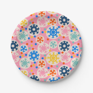 Farbenfrohe Schneeflocken im rosa Urlaubsmuster Pappteller
