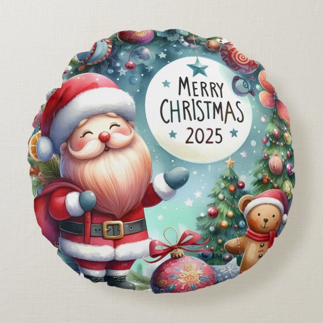 Farbenfrohe Schneemann & Ornamente Weihnachten Kis Rundes Kissen (Vorderseite)