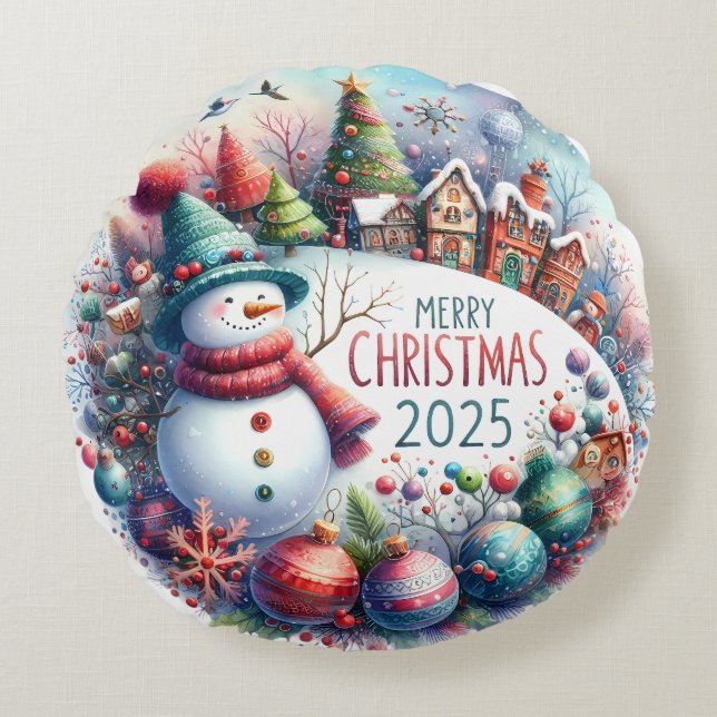 Farbenfrohe Schneemann & Ornamente Weihnachten Kis Rundes Kissen (Vorderseite)