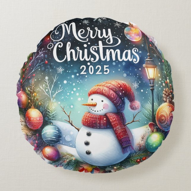 Farbenfrohe Schneemann & Ornamente Weihnachten Kis Rundes Kissen (Vorderseite)