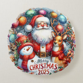 Farbenfrohe Schneemann & Ornamente Weihnachten Kis Rundes Kissen
