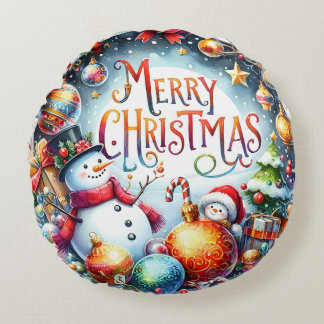 Farbenfrohe Schneemann & Ornamente Weihnachten Kis Rundes Kissen