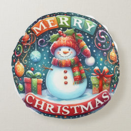 Farbenfrohe Schneemann & Ornamente Weihnachten Kis Rundes Kissen