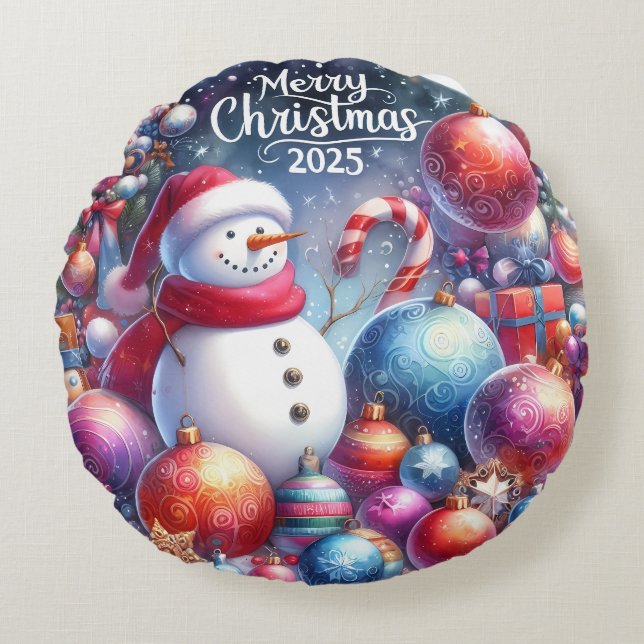 Farbenfrohe Schneemann & Ornamente Weihnachten Kis Rundes Kissen (Vorderseite)