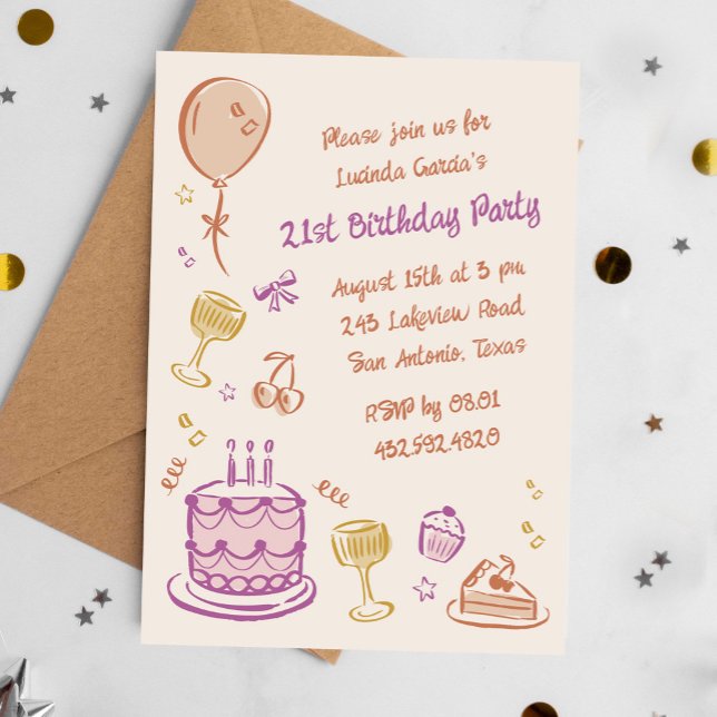 Farbenfrohe Schriftzüge Handgezeichnet 21. Geburts Einladung (Colourful 21st birthday party invitation in scribble, doodle style)
