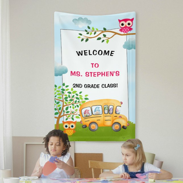 Farbenfrohe Schulbuslehrerin im Klassenzimmer Will Banner (Colorful School Bus Teacher Classroom Welcome Banner)