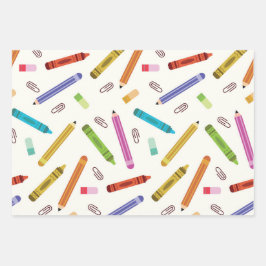 Farbenfrohe Schulkrippen und Stifte Muster Geschenkpapier Set