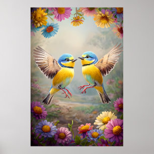 Farbenfrohe Schwangvögel im Blut - Frühlingsblüten Poster