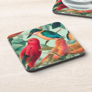 Farbenfrohe Schwangvögel und Muster für grüne Blät Getränkeuntersetzer