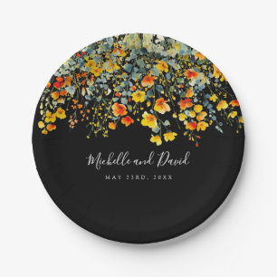 Farbenfrohe schwarze Blumenhochzeit Pappteller