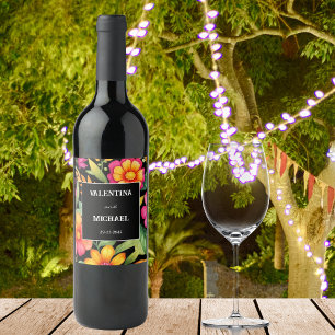 Farbenfrohe Schwarze Flora Fiesta Weinetikett