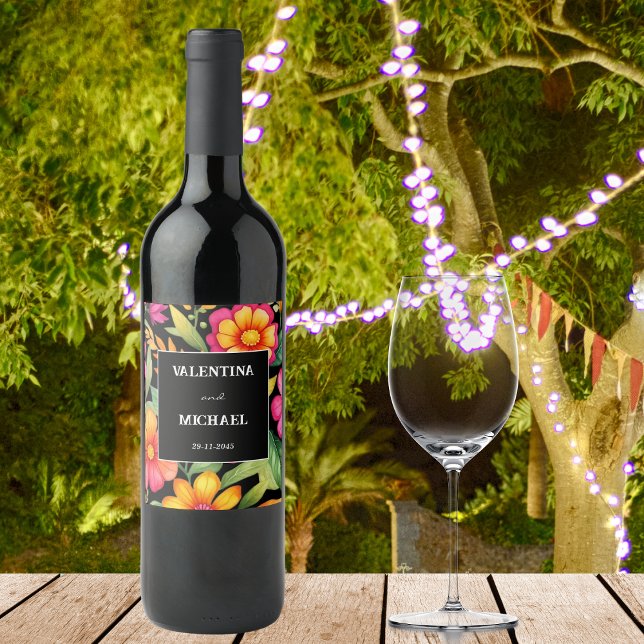 Farbenfrohe Schwarze Flora Fiesta Weinetikett (Von Creator hochgeladen)