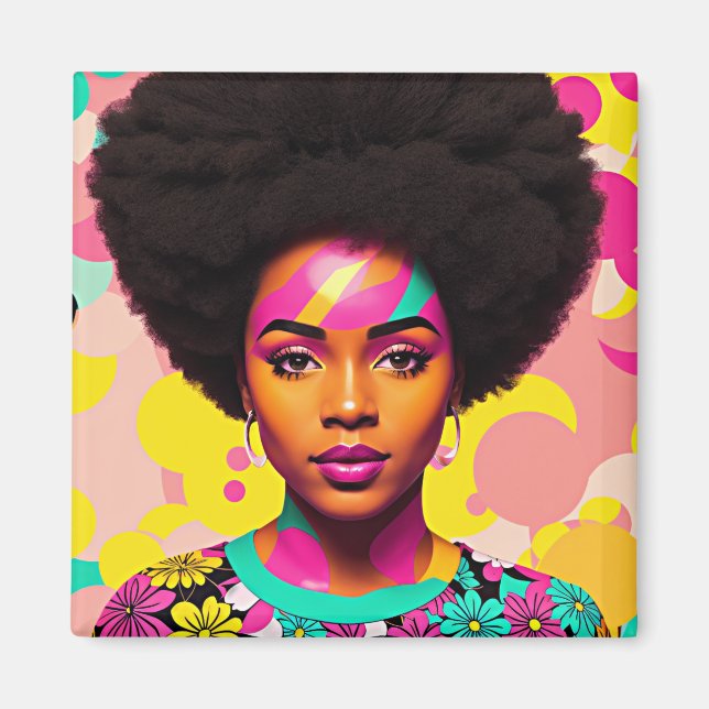 Farbenfrohe Schwarze Frau Afro Pop Magnet (Vorne)