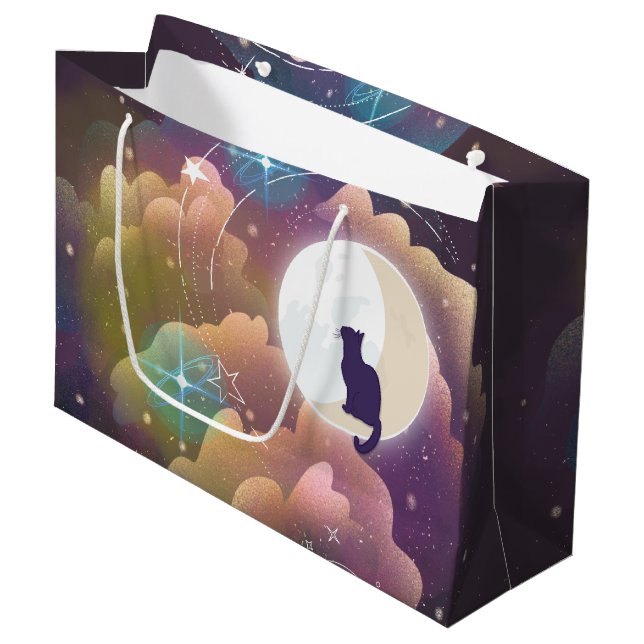 Farbenfrohe schwarze Katze Crescent Moon Große Geschenktüte (Vorderseite Schrägansicht)