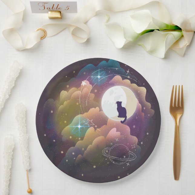 Farbenfrohe schwarze Katze Crescent Moon Pappteller (Hochzeit)