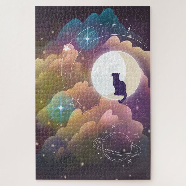 Farbenfrohe schwarze Katze Crescent Moon Puzzle (Vertikal)