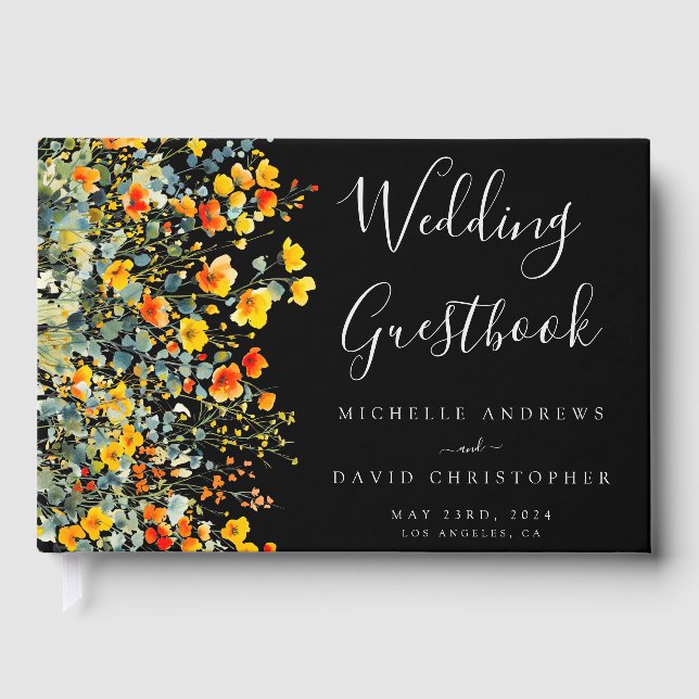 Farbenfrohe Schwarze Wasserfarbe Blumenzehen Gästebuch (Vorderseite)